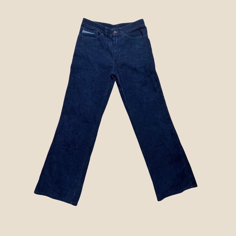 Vintage 70s Male Corduroy Bell Bottoms Navy Blue Talon Zip Flare Pants 30x30